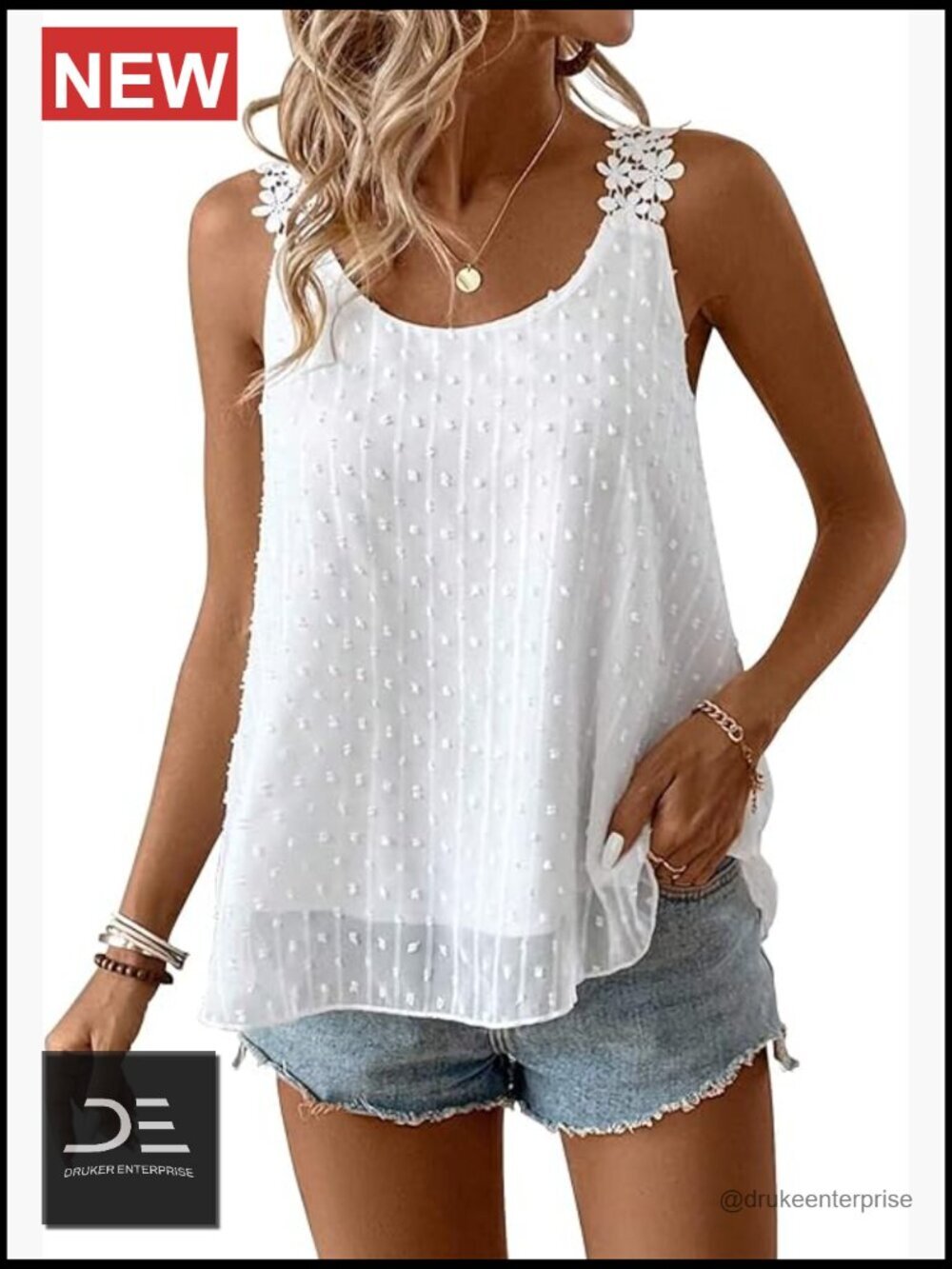 Sleeveless Tank Top with Lace Straps Crewneck Boho Camisole